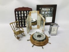 BOX OF COLLECTIBLES TO INCLUDE BAROMETER BRASS ROCKING CHAIR, BAYARD CARRIAGE CLOCK, 3 FOLD MIRROR,