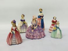 A GROUP OF SIX ROYAL DOULTON PORCELAIN COLLECTORS FIGURINES NANA A/F, JANET A/F, RUBY, DAINTY MAY,