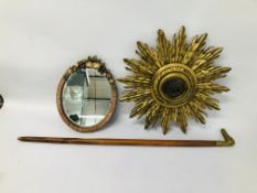 VINTAGE GILT FINISH STARBUST WALL CLOCK ALONG WITH A SMALL WALL HANGING OVAL BEVEL PLATE MIRROR,
