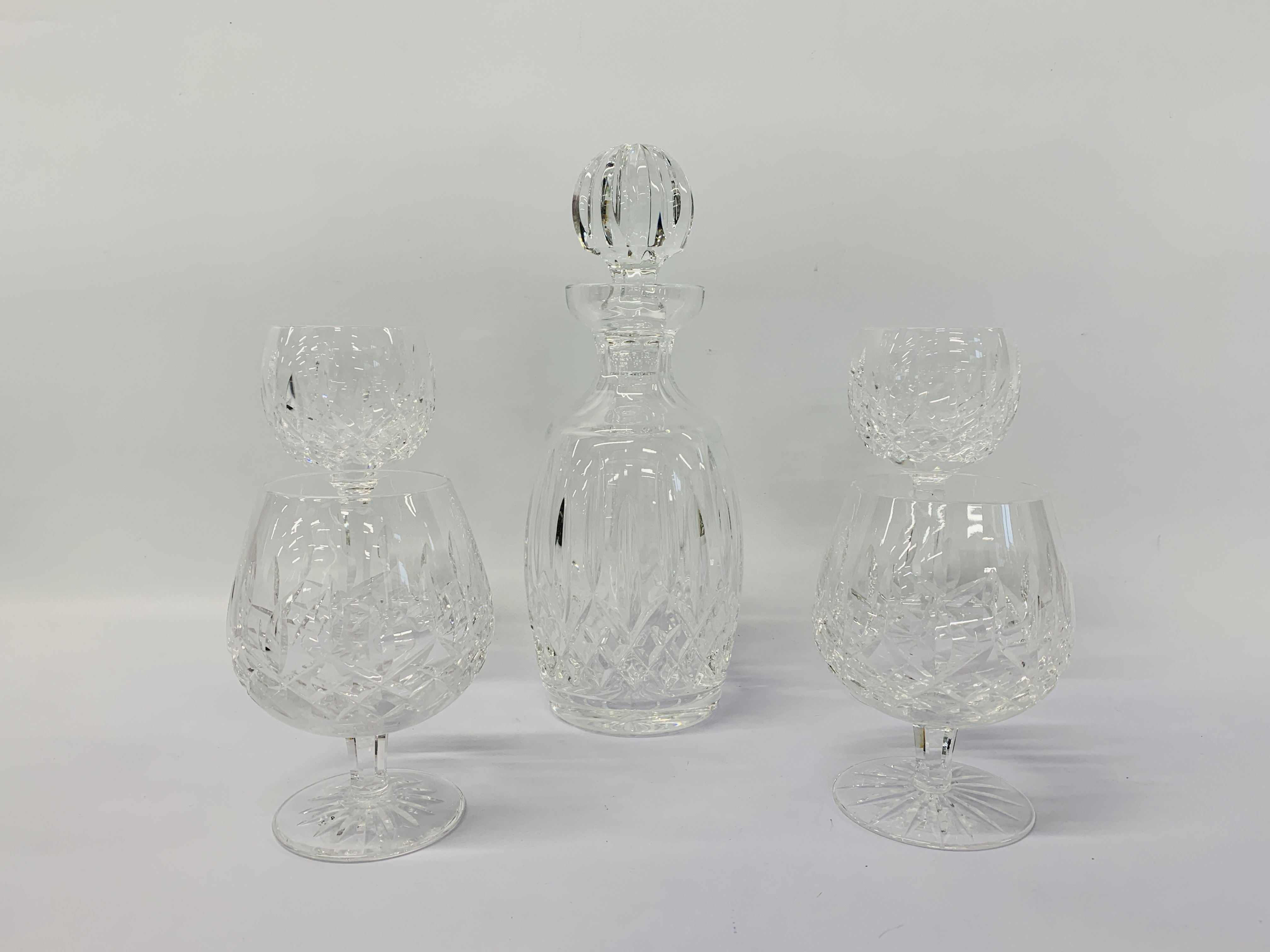 WATERFORD CRYSTAL DECANTER, 2 BRANDY GLASSES,