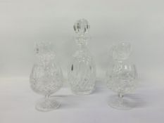 WATERFORD CRYSTAL DECANTER, 2 BRANDY GLASSES,