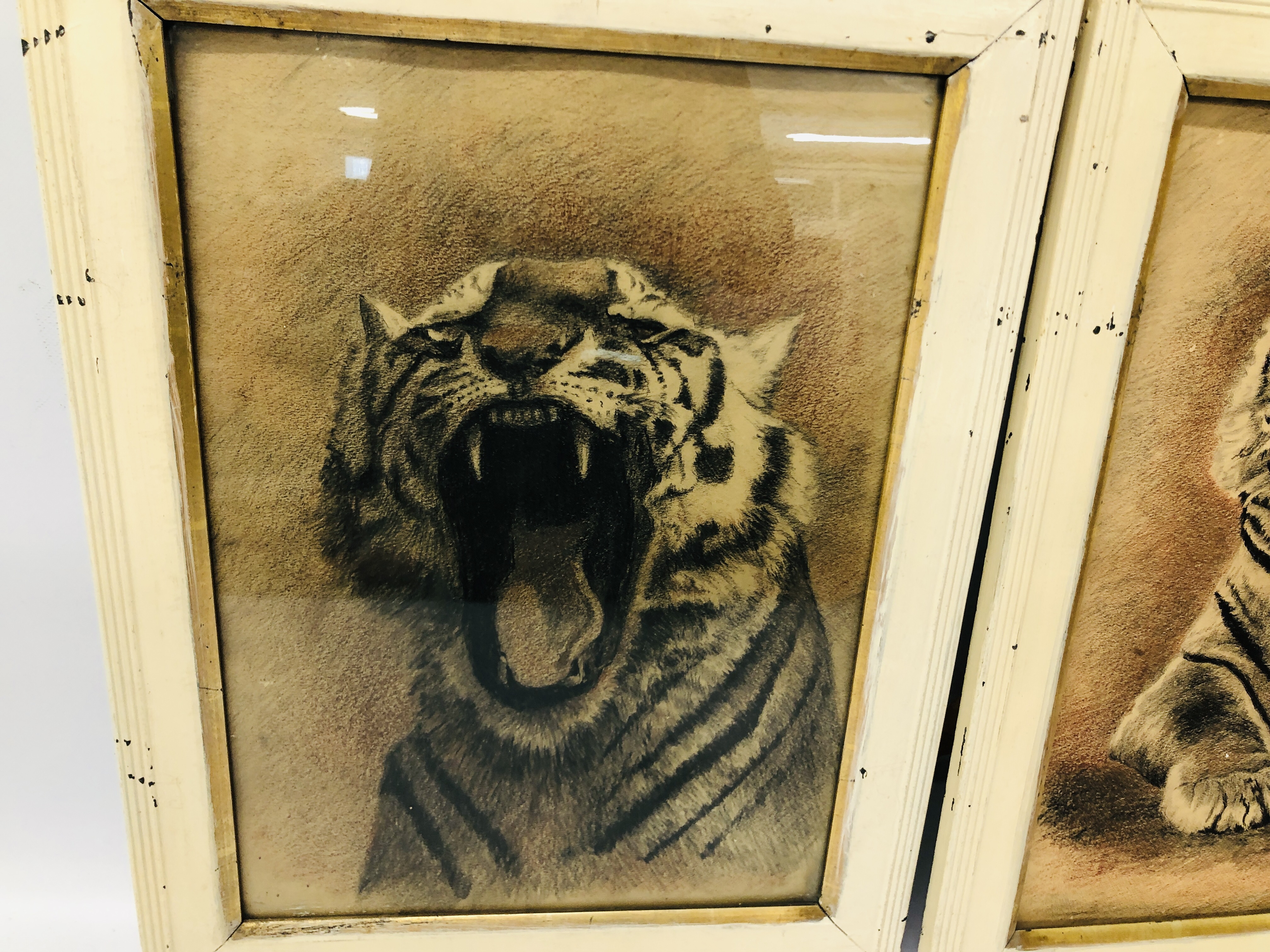 A PAIR OF ORIGINAL CHARCOAL DRAWINGS OF TIGERS, NO VISIBLE SIGNATURE, EACH H 44CM X W 31.5CM. - Image 3 of 3