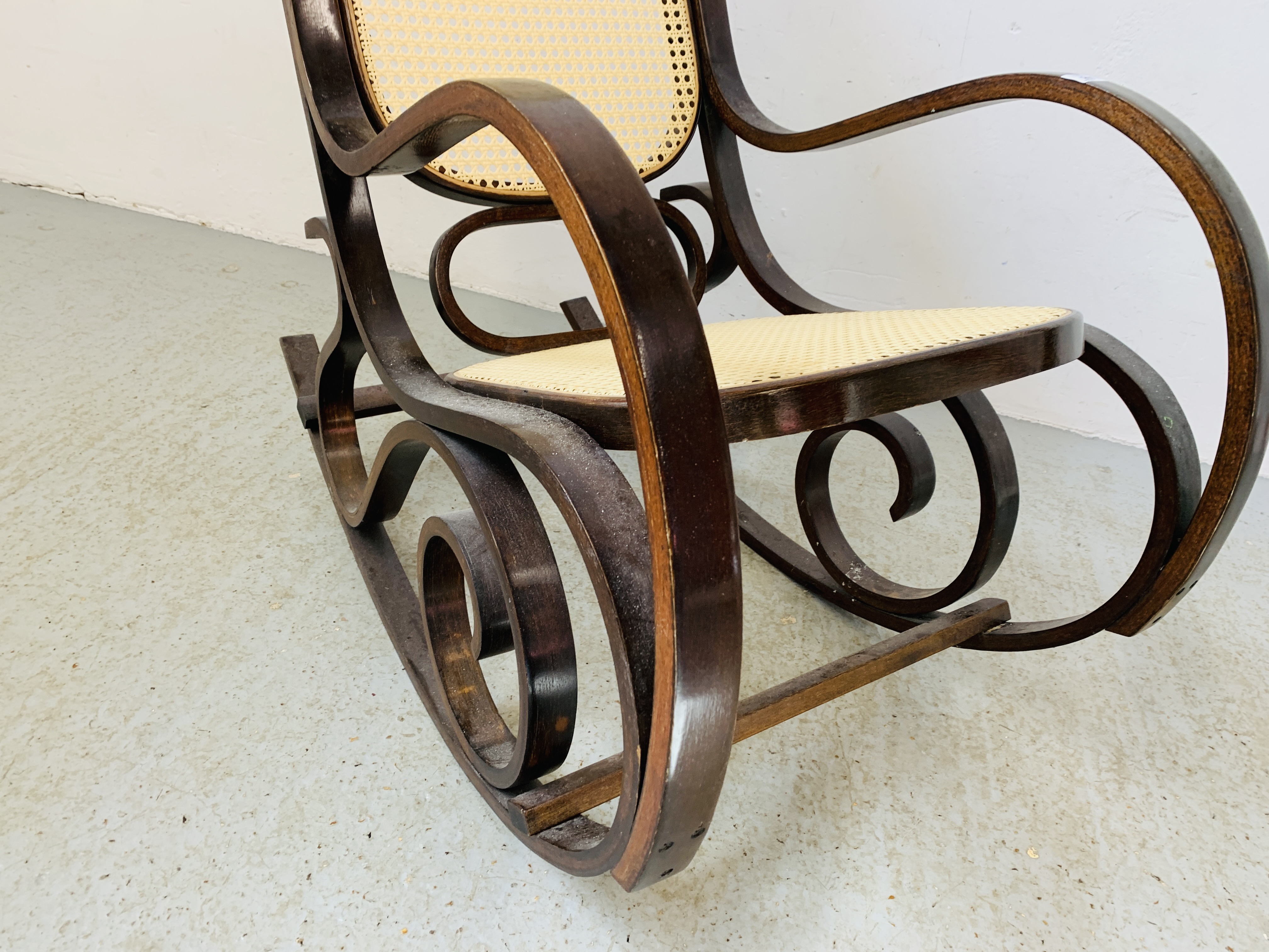 A BENTWOOD ROCKING CHAIR WITH RATTAN SEAT AND BACK - Image 4 of 6