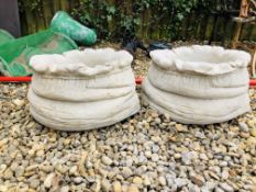 A PAIR OF SACK DESIGN STONEWORK GARDEN PLANTERS HEIGHT 25CM