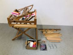 A FOUR SHAFT TABLE LOOM ASHFORD TABLE / FLOOR LOOM COMPLETE WITH ACCESSORIES AND STARTED PROJECT