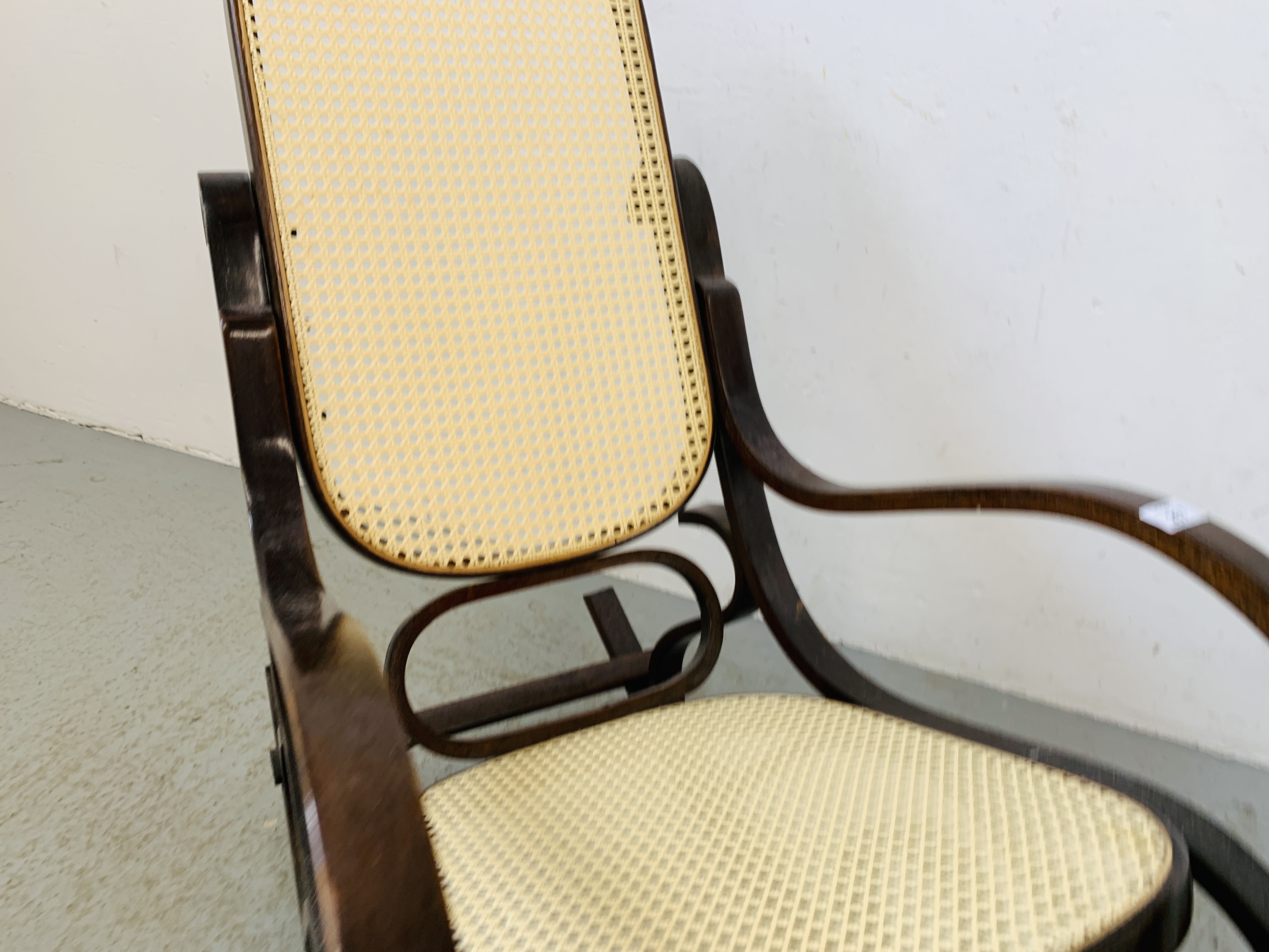 A BENTWOOD ROCKING CHAIR WITH RATTAN SEAT AND BACK - Image 5 of 6