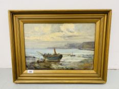 A C19TH OIL ON CANVAS, FISHING BOAT ON BEACH, BEARING SIGNATURE JAMES MARSON,