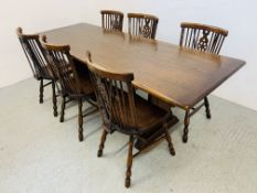 A HEAVY OAK REFECTORY STYLE DINING TABLE 214CM X 76CM ALONG WITH A SET OF SIX TRADITIONAL ELM