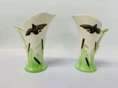 PAIR 1950'S VASES EMBOSSED DESIGN DUCKS AND BULLRUSHES (1 HANDLE DAMAGED)