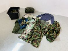 BOX CONTAINING MISC ARMY CLOTHING INCLUDING SLEEPING BAG