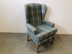 HSL WING BACK FIRESIDE CHAIR UPHOLSTERED IN A BLUE / GREEN CHECK MATERIAL