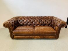 A MID TAN LEATHER BUTTON BACK CHESTERFIELD SOFA, LENGTH 233CM. DEPTH 104CM. HEIGHT 77CM.