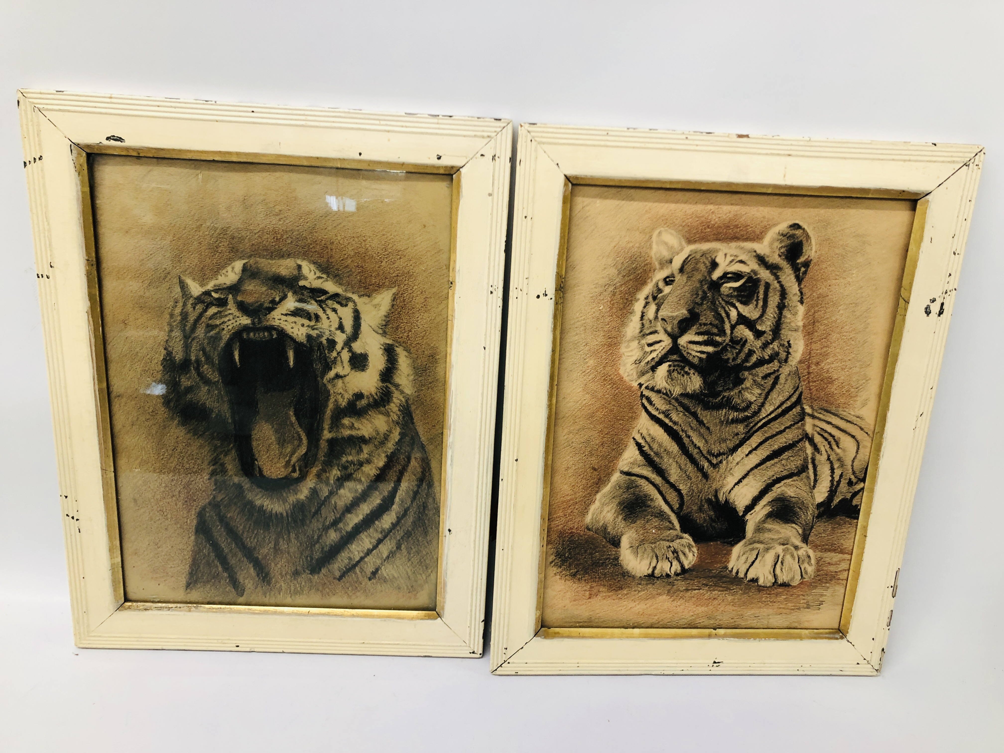 A PAIR OF ORIGINAL CHARCOAL DRAWINGS OF TIGERS, NO VISIBLE SIGNATURE, EACH H 44CM X W 31.5CM.