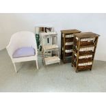 TWO WOODEN STANDS WITH BASKET DRAWERS (ONE DRAWER MISSING), A SHABBY CHIC THREE TIER RACK,