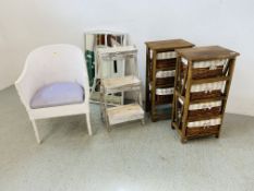 TWO WOODEN STANDS WITH BASKET DRAWERS (ONE DRAWER MISSING), A SHABBY CHIC THREE TIER RACK,