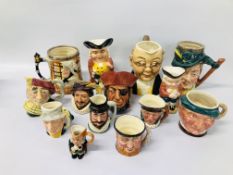 COLLECTION OF 14 VARIOUS CHARACTER JUGS TO INCLUDE LANCASTER, STAFFORDSHIRE, SYLVAC,