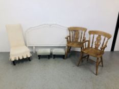 A PAIR OF TRADITIONAL DESIGN BEECHWOOD ELBOW CHAIRS, A WHITE PAINTED DOUBLE HEADBOARD,