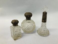 3 X VINTAGE SILVER TOPPED PERFUME BOTTLES WITH CUT GLASS BODIES