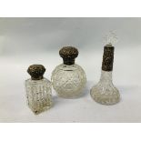 3 X VINTAGE SILVER TOPPED PERFUME BOTTLES WITH CUT GLASS BODIES