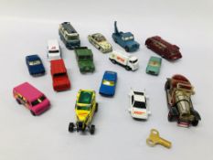 COLLECTION OF 17 VINTAGE CORGI DIE-CAST MODEL VEHICLES TO INCLUDE WHIZZ WHEELS, LOTUS ESPRIT 007,