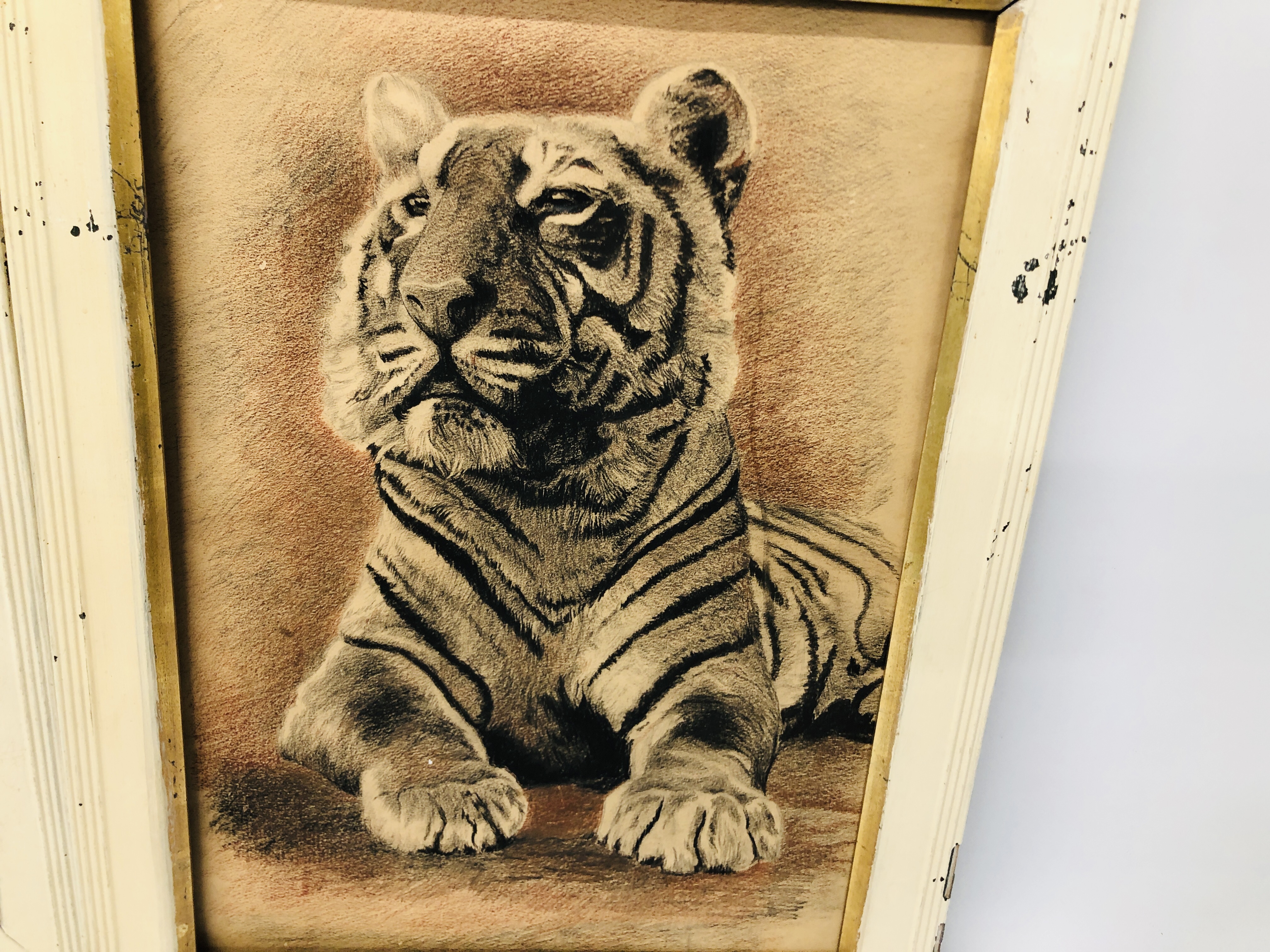 A PAIR OF ORIGINAL CHARCOAL DRAWINGS OF TIGERS, NO VISIBLE SIGNATURE, EACH H 44CM X W 31.5CM. - Image 2 of 3