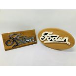 2 X VINTAGE FODEN SIGNS MOUNTED ON WOODEN PLAQUES,