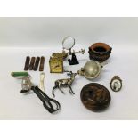 BOX OF ASSORTED COLLECTABLE'S TO INCLUDE BRASS TRAVEL CLOCK, MOULD, VINTAGE COTTON REEL HOLDER,