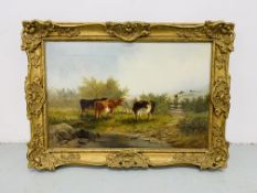 A C19TH OIL ON CANVAS HIGHLAND CATTLE BY MEADOW GATE, BEARING SIGNATURE F. PARK 78, 39.