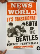 TWO VINTAGE "NEWS OF THE WORLD" BEATLES ADVERTISING POSTERS BY PETE BEST - THE FIFTH BEATLE 76 X