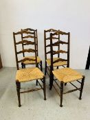 A SET OF 4 WEST COUNTRY STYLE LADDERBACK DINING CHAIRS WITH RUSH SEATS