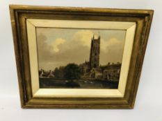 A FRAMED C19TH OIL ON BOARD OF A RIVER SCENE WITH CHURCH, BEARING SIGNATURE D.J. MCNEIL - H 18.