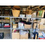 COLLECTION OF ASSORTED LINEN, CLOTHING, HATS AND SEWING ACCESSORIES, WOOL, BASKETS AND BOXES ETC.