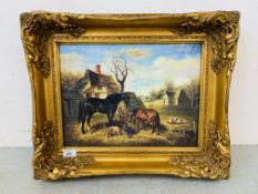 A REPRODUCTION GILT FRAMED PRINT OF HORSES AND FARM STOCK IN FARMYARD 29.