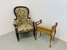 A VICTORIAN SPOON BACK CHAIR WITH FLORAL BUTTON BACK UPHOLSTERY + A HINGE TOP MUSIC STOOL