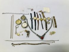 BOX OF ASSORTED VINTAGE POCKET / WRIST WATCHES TO INCLUDE SMITHS ALONG WITH A 9CT T AND SMALL CHAIN