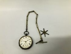 VINTAGE SILVER CASED POCKET WATCH & WINDER ON A MEXICAN SILVER WATCH CHAIN