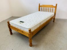 A SOLID HONEY PINE SINGLE BEDSTEAD WITH DREAMWORKS CLASSIC DE-LUXE MATTRESS