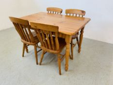 TRADITIONAL RECTANGULAR PINE KITCHEN TABLE WITH CUTLERY DRAWER AND A SET OF HONEY PINE SPINDLE