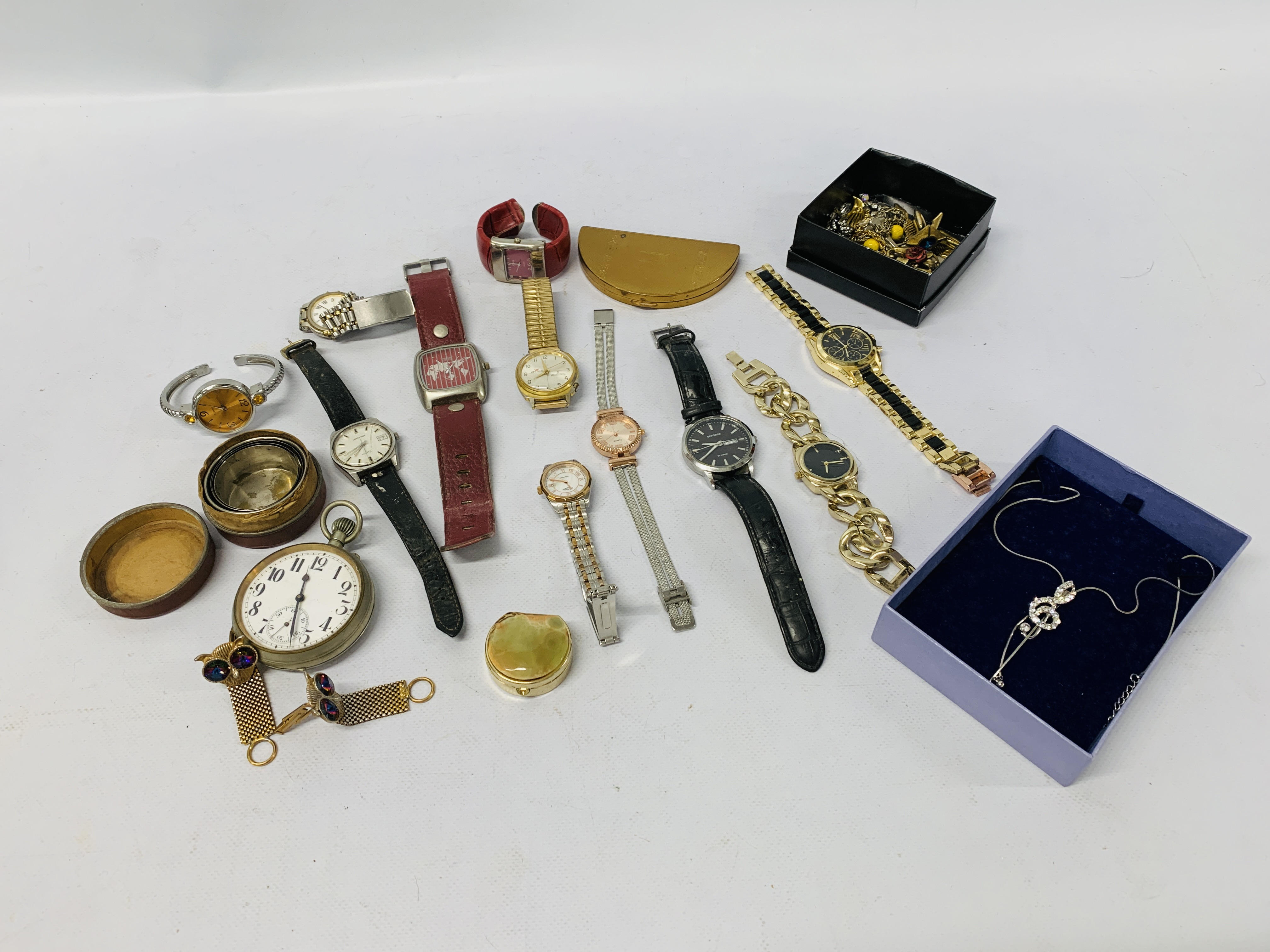 COLLECTION OF ASSORTED COSTUME JEWELLERY AND WATCHES TO INCLUDE CUFFLINKS, DEMI LUNE LADIES COMPACT,