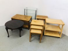 6 PIECES OF OCCASIONAL FURNITURE TO INCLUDE NEST OF TABLES, PINE COFFEE TABLE, 4 TIER GLASS STAND,