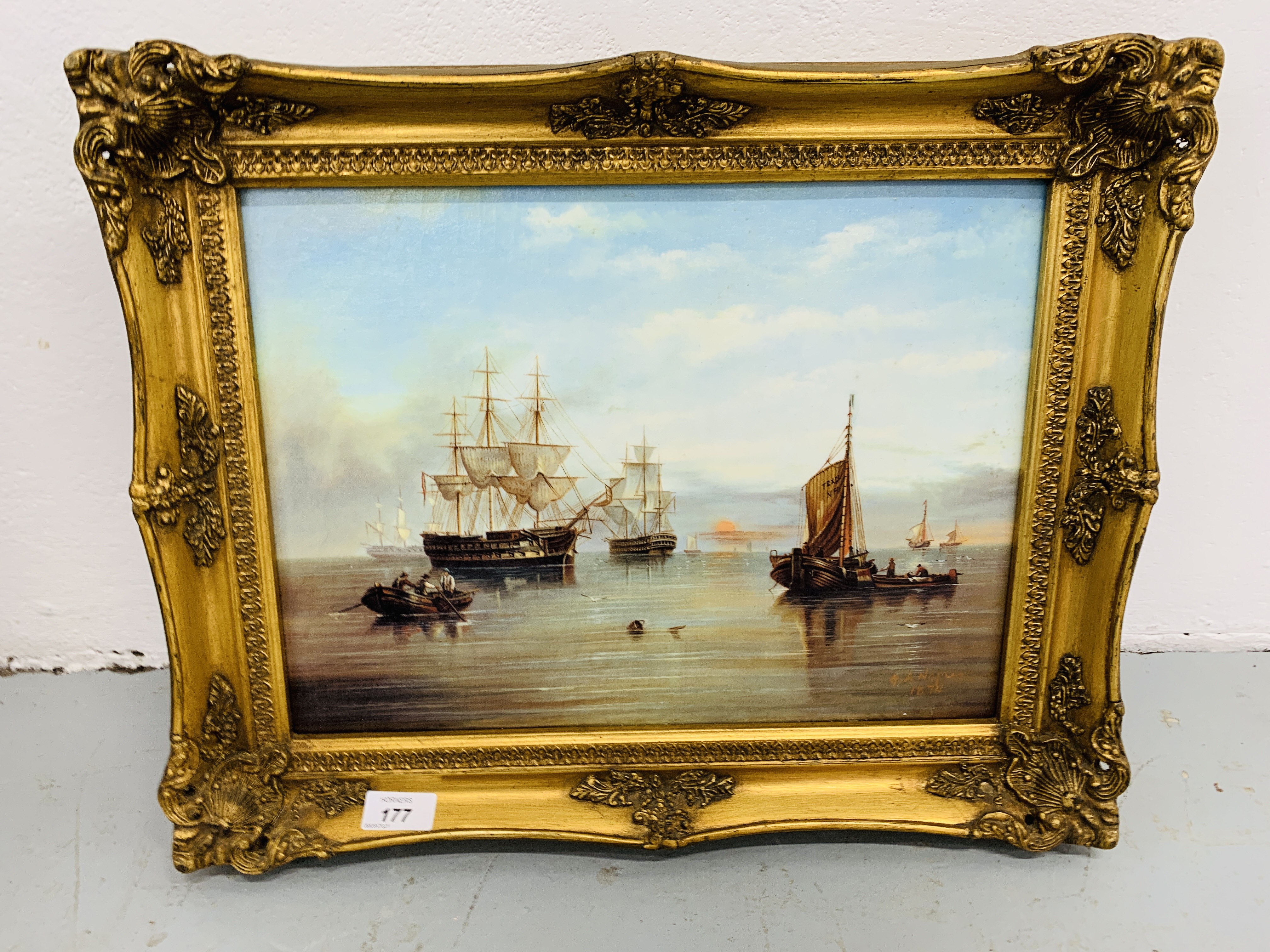 A REPRODUCTION GILT FRAMED PRINT, HARBOUR SCENE WITH GALLEONS H 29, W 39.