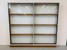 TWO GLAZED COLLECTORS DISPLAY CABINETS WITH SLIDING DOORS, ONE FLOOR STANDING - W 214CM. H 196CM.