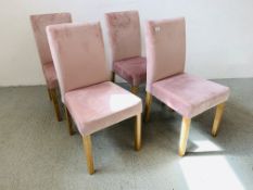 A SET OF 4 MODERN DESIGNER PINK SUEDE FINISH DINING CHAIRS WITH CHEQUERED PATTERN BACKS