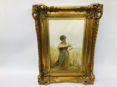 A GILT FRAMED OIL ON CANVAS, FARM GIRL IN WHEATFIELD, BEARING SIGNATURE JOHN P.