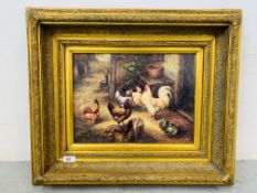 A GILT FRAMED REPRODUCTION PRINT, COCKERELS IN FARMYARD BY HUNT, 29 X 39.