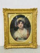 A GILT FRAMED PORTRAIT OF A WOMAN IN AN OVAL MOUNT, NO VISIBLE SIGNATURE,