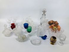 COLLECTION OF GLASSWARE TO INCLUDE DRESSING TABLE ITEMS, 2 CARNIVAL GLASS DISHES, VINTAGE DECANTER,