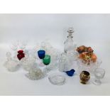 COLLECTION OF GLASSWARE TO INCLUDE DRESSING TABLE ITEMS, 2 CARNIVAL GLASS DISHES, VINTAGE DECANTER,