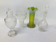 A GREEN AND VASELINE GLASS CYLINDRICAL VASE, CUT GLASS SPIRIT DECANTER,