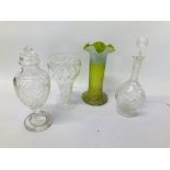 A GREEN AND VASELINE GLASS CYLINDRICAL VASE, CUT GLASS SPIRIT DECANTER,